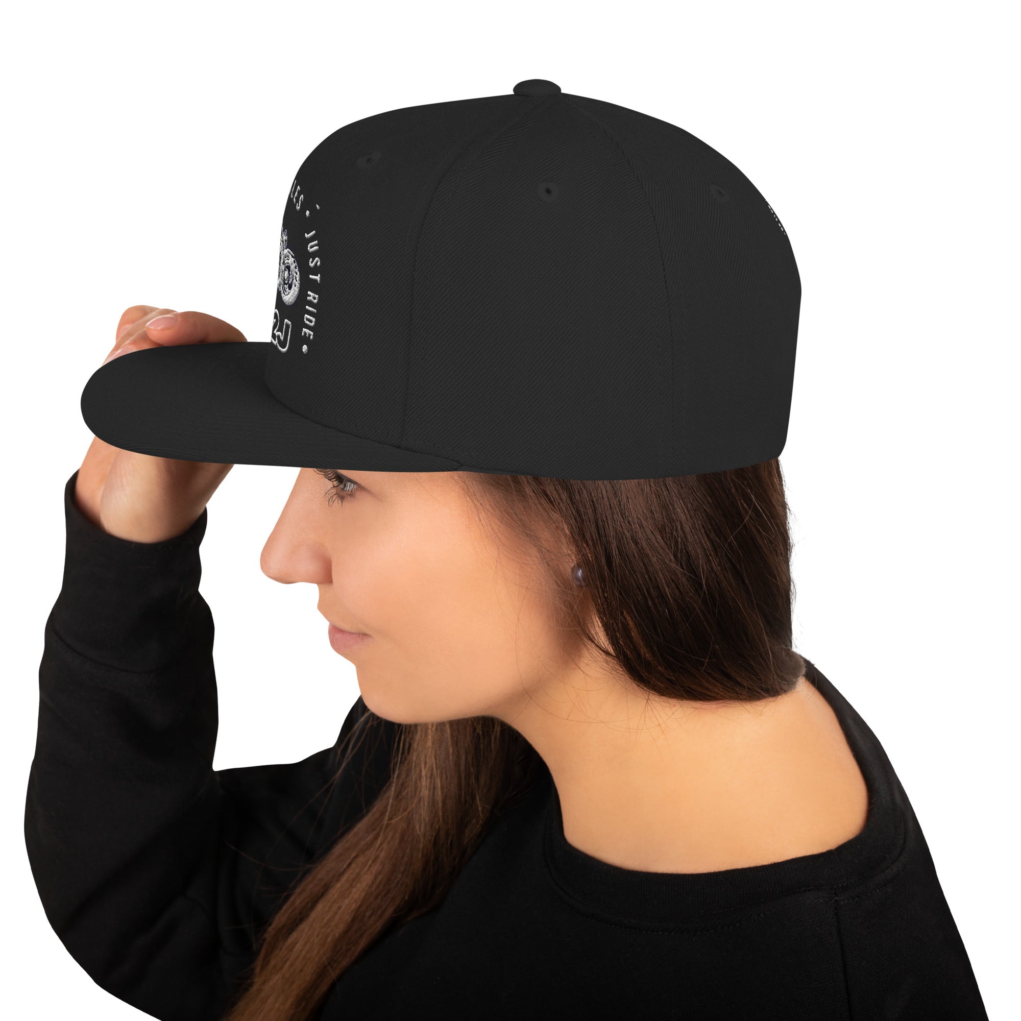 black snapback baseball embroidered cap left side