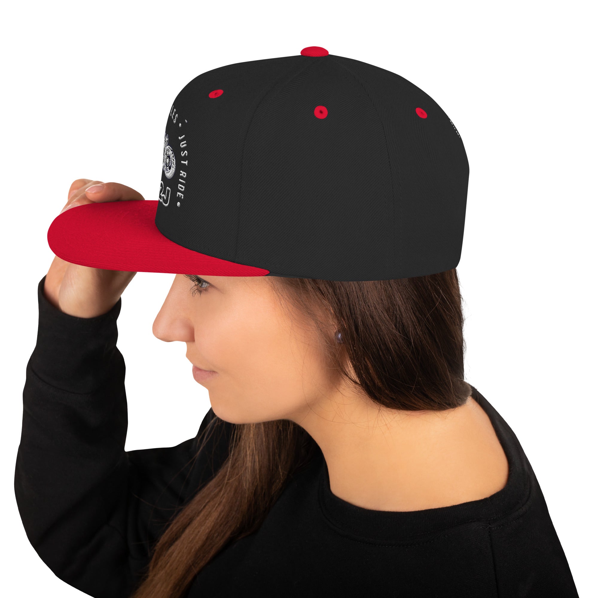 red black snapback baseball embroidered cap left side