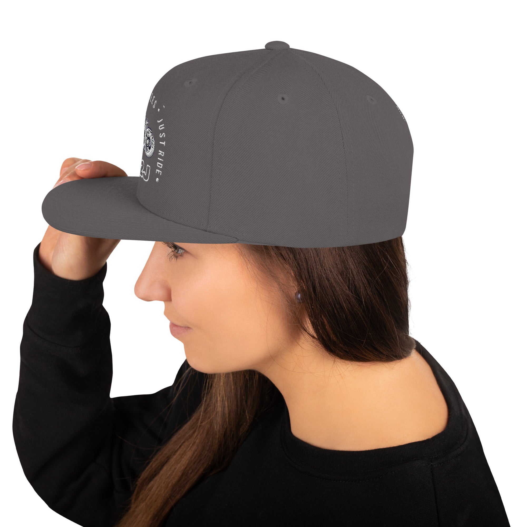 gray snapback baseball embroidered cap left side