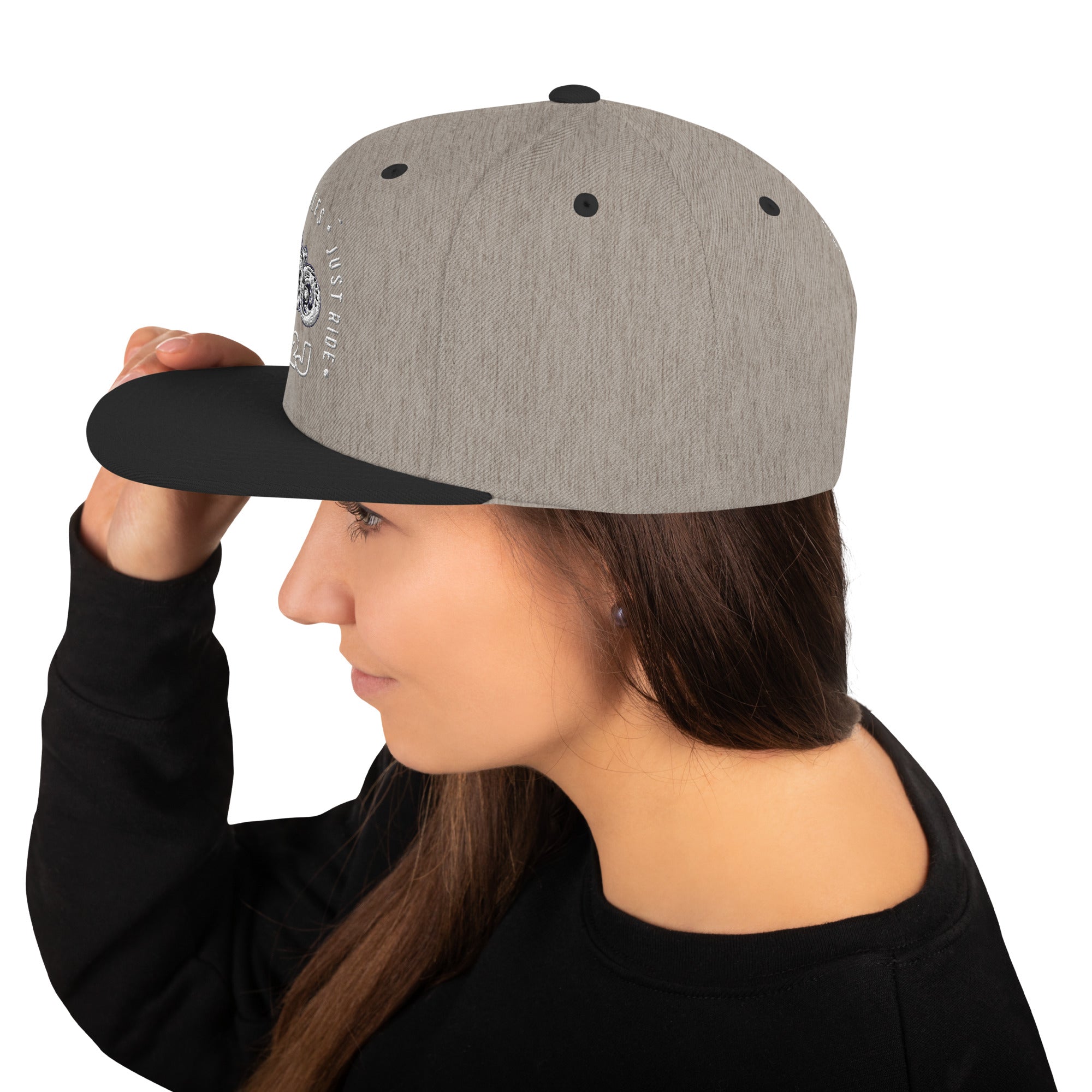 heather black snapback baseball embroidered cap left side