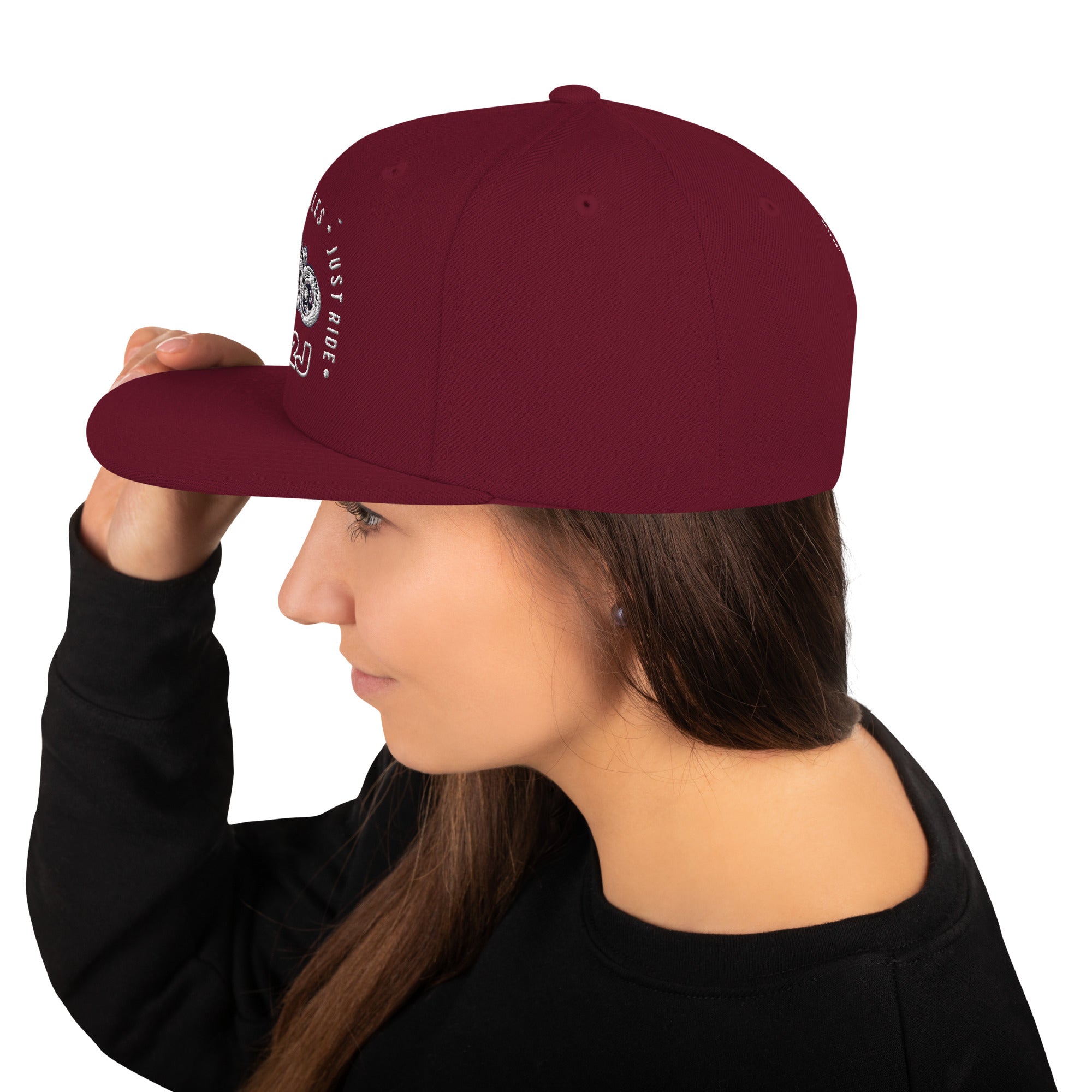 maroon snapback baseball embroidered cap left side