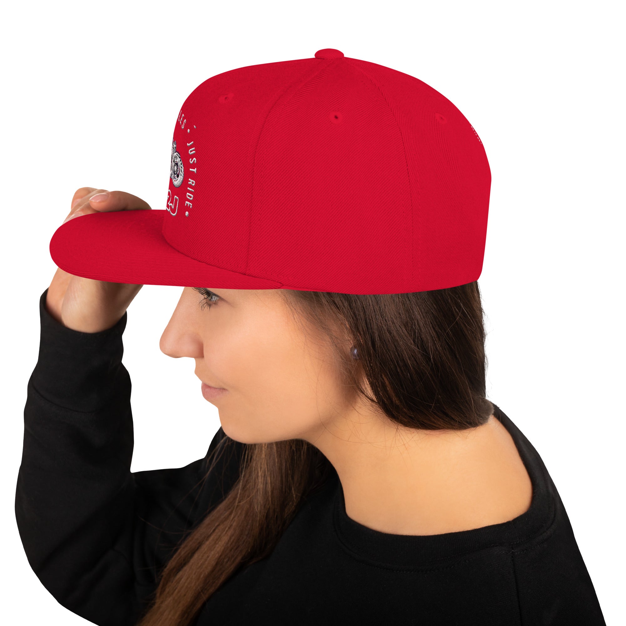 red snapback baseball embroidered cap left side